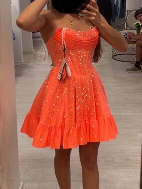 Sherri Hill Neon Orange Beaded A-Line Mini Dress